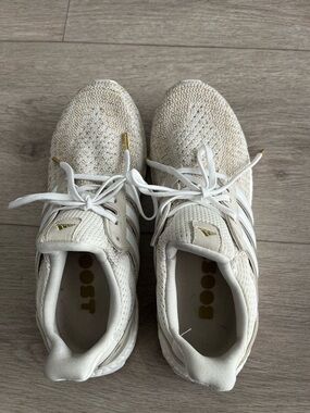 adidas Women's Cream Knit Sneakers with White Laces and Gold Accents